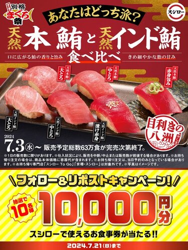 スシロー 天然本鮪と天然インド鮪 食べ比べ お食事券 10000円